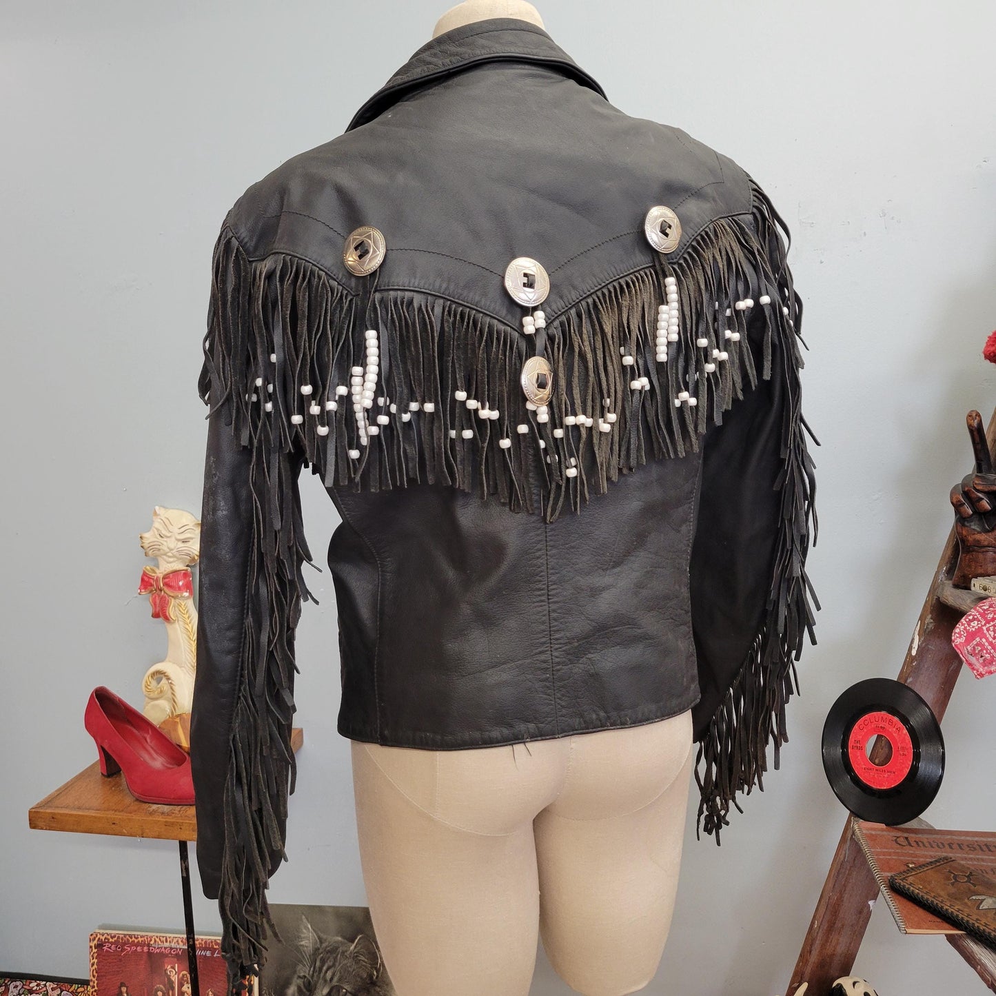 vtg 70s LEATHER FRINGE JACKET // vintage bermans leather experts size 14 metal conch and tassel western biker cowboy style beaded cropped