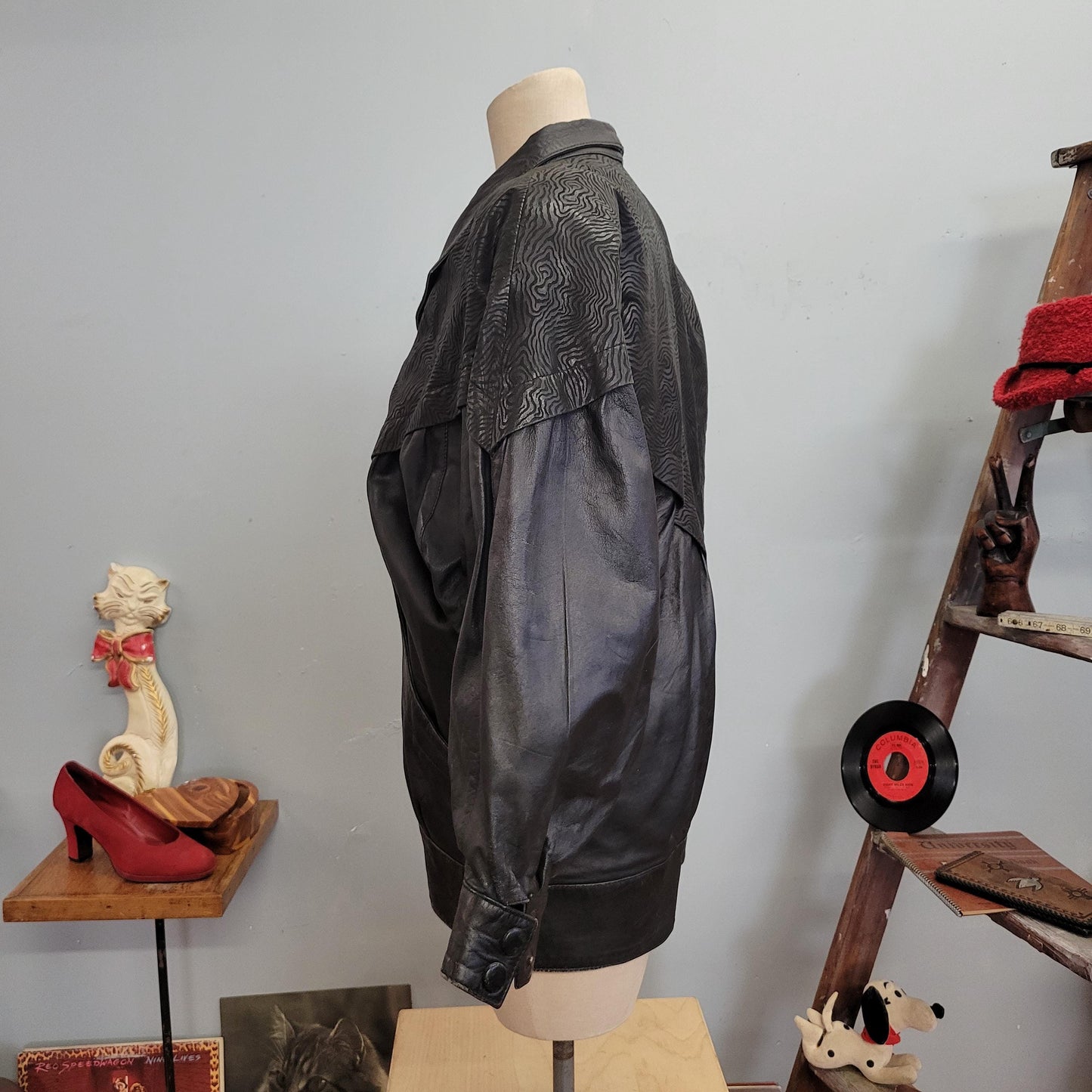 vtg 80s PATTERNED LEATHER JACKET // vintage glampier xl womens abstract print shoulder pads funky structured oversized black leather trench