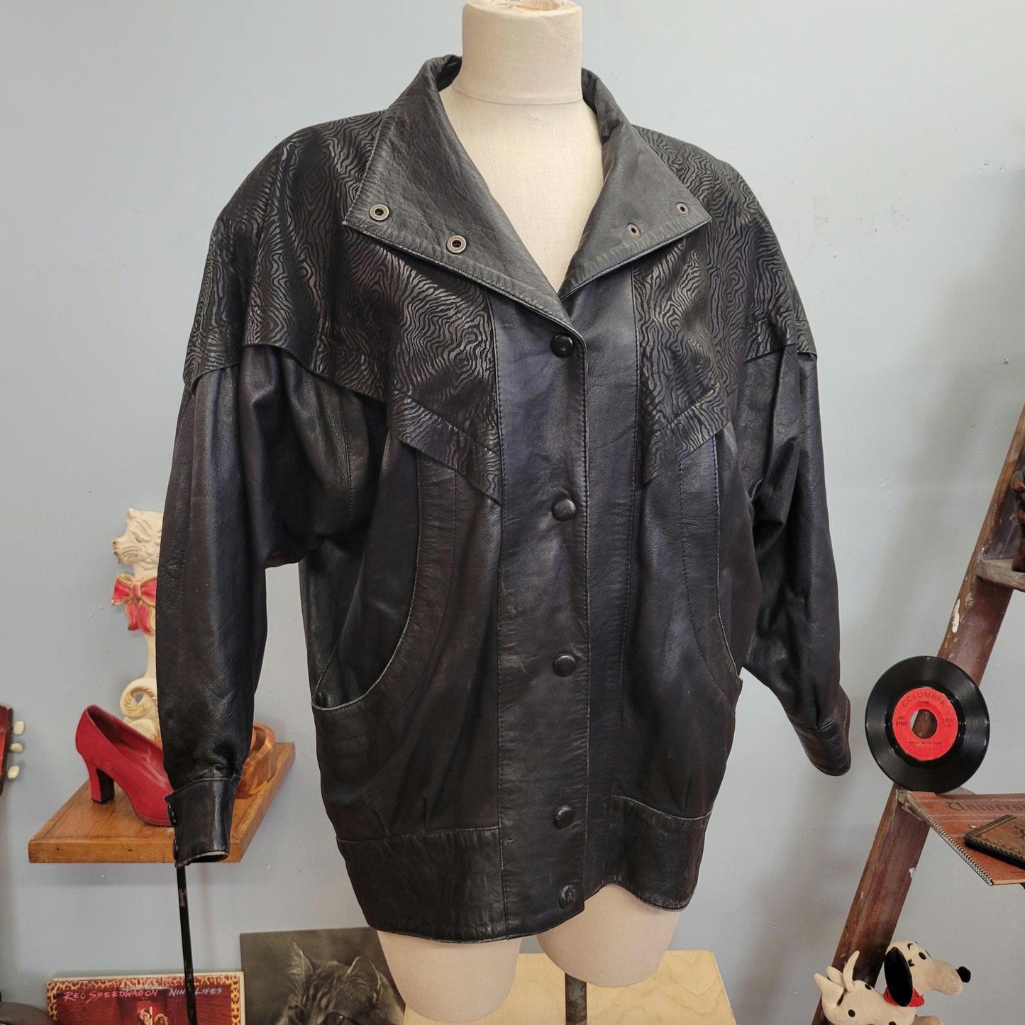 vtg 80s PATTERNED LEATHER JACKET // vintage glampier xl womens abstract print shoulder pads funky structured oversized black leather trench