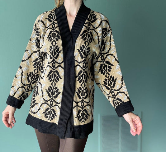 vtg 80s BLACK & GOLD CARDIGAN // vintage retro womens small bell sleeve autumn fashion floral pattern flare sleeve hippie retro pretty style