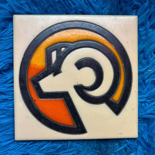 vtg 70s ARIES TILE COASTER // vintage made in Italy 6”x 6” ceramic tile retro colorway orange yellow tones hot plate cork legs pan coaster
