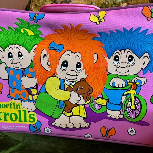 vtg 90s NORFIN TROLLS CASE // vintage 1992 imaginings neon pink fairy core luggage overnight bag carrying case butterfly flower power retro