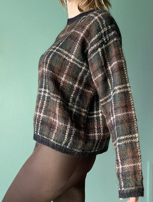 vtg 80s PLAID MOHAIR SWEATER // vintage striped paul harris design womens large neutral tones fuzzy autumn style shaggy knit boxy preppy top