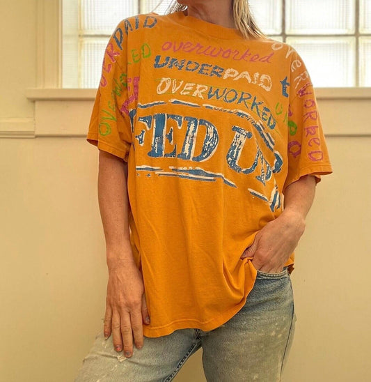 Vtg 90s OVERWORKED UNDERPAID DISTRESSED Shirt // xl vintage fed up job hater anti corporate shredded all over print punk tee rebel protest