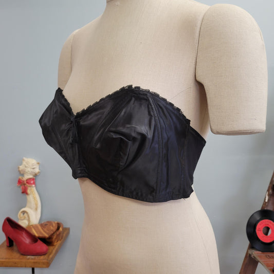 vtg 70s BLACK STRAPLESS BRA // vintage lingerie lovable 38B corset boning satin nylon push up 1940s pin up style push up burlesque bralette