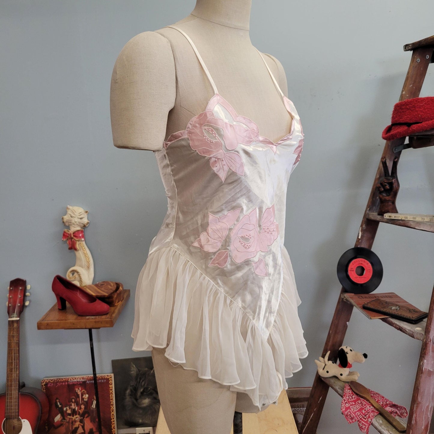 vtg 80s VICTORIAS SECRET LINGERIE // vintage unitard fluttery babydoll nightgown dress large one piece snap crotch leotard pastel fairy sexy