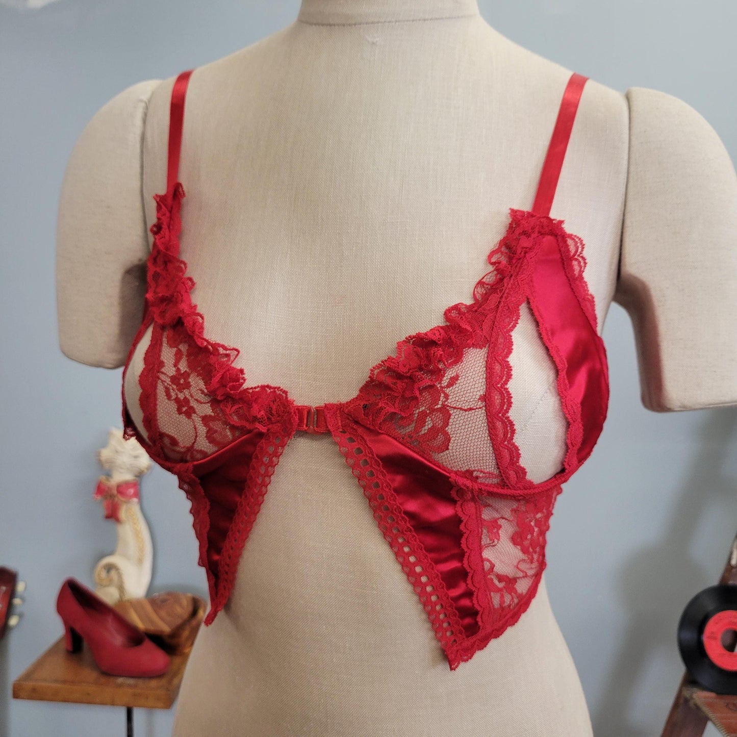 vtg 70s RED SATIN BRA // vintage sexy mesh lingerie exposed breast sheer red lace lace up risque burlesque vampy low cut fun retro push up