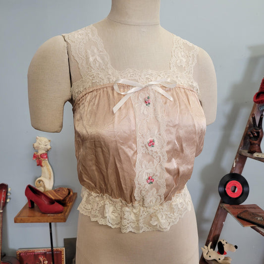 vtg 70s EMBROIDERED NYLON CAMISOLE // vintage medium womens lingerie top rock candy pink tawny floral applique sexy crop top nightie y2k