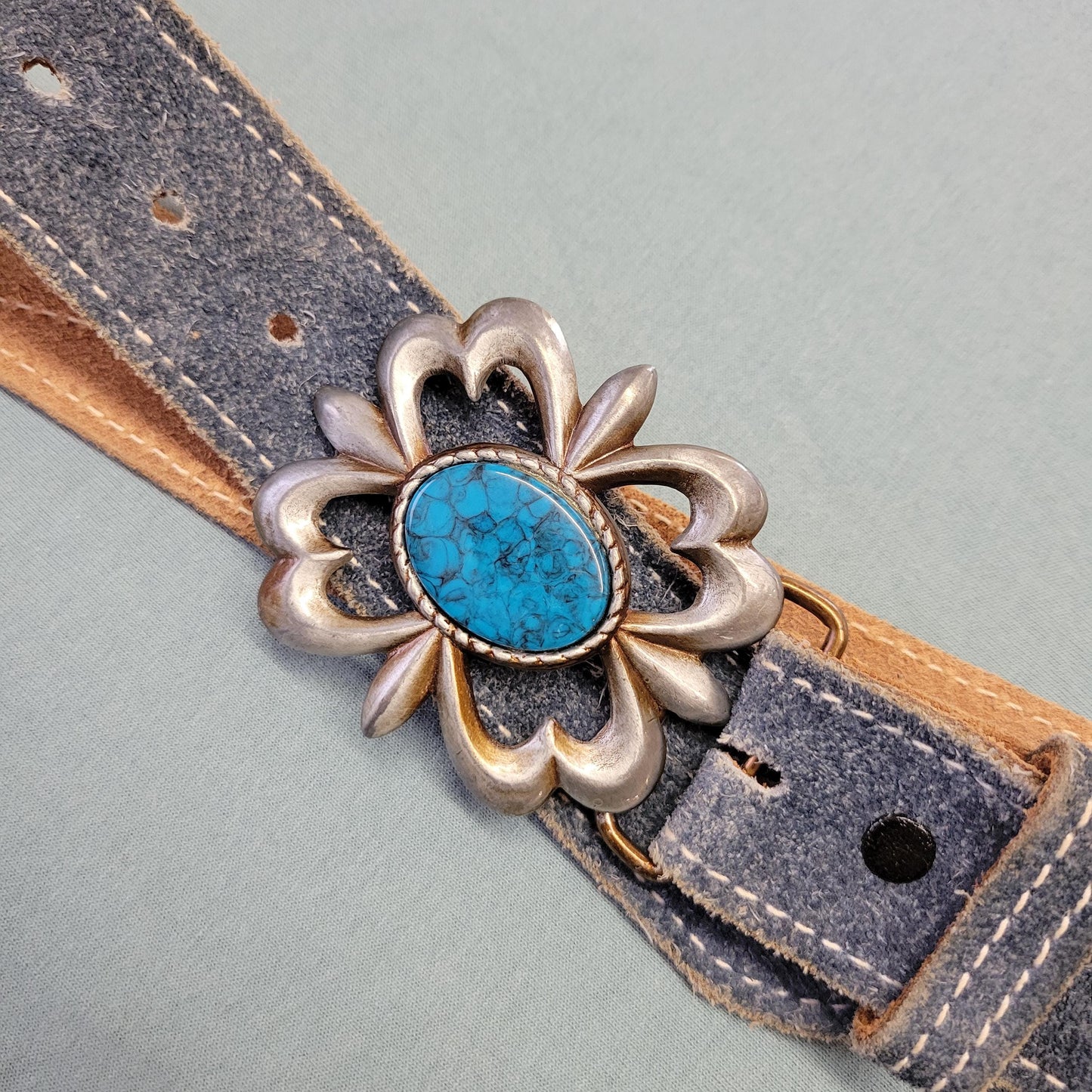vtg 70s SUEDE TURQUOISE BELT // vintage accessory womens retro fashion blue leather flower power hippie boho autumn cute retro western style