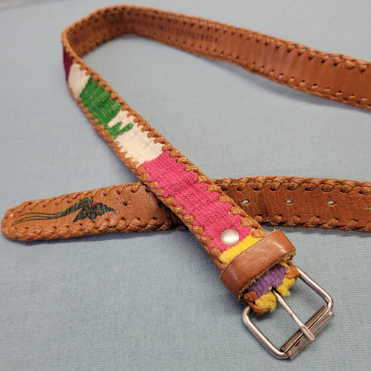 vtg 70s LEATHER EMBROIDERED BELT // vintage pastel patchwork small medium womens retro accessories hippie boho western autumn style cottage