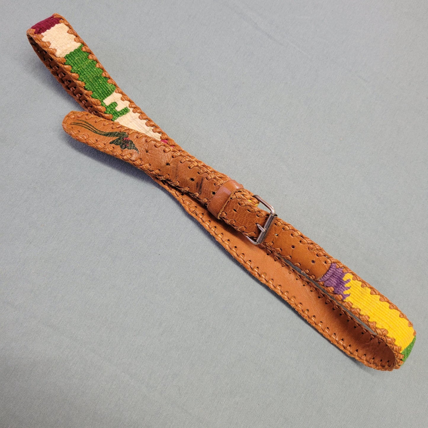 vtg 70s LEATHER EMBROIDERED BELT // vintage pastel patchwork small medium womens retro accessories hippie boho western autumn style cottage