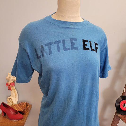 vtg 70s LITTLE ELF T-SHIRT // vintage stallion xl soft thin iron on funny kickball team player baby blue pastel flock retro single stitch