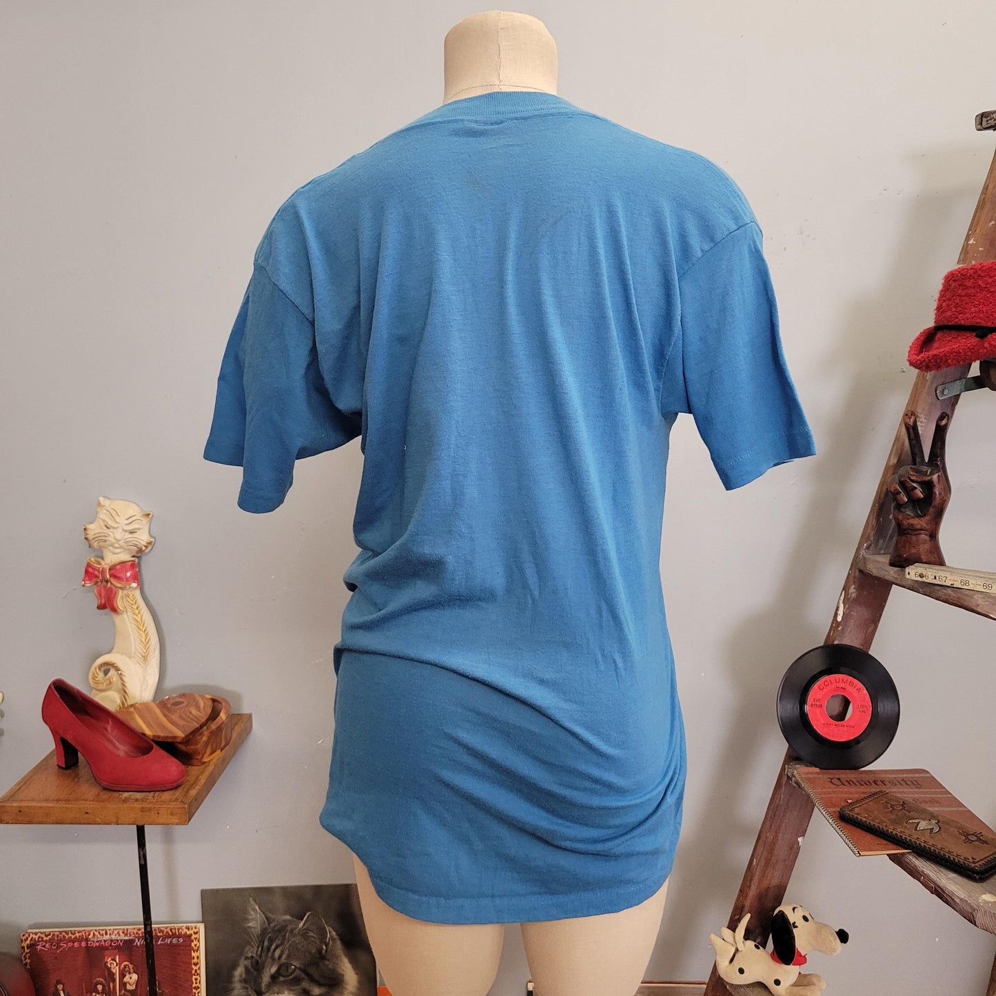 vtg 70s LITTLE ELF T-SHIRT // vintage stallion xl soft thin iron on funny kickball team player baby blue pastel flock retro single stitch