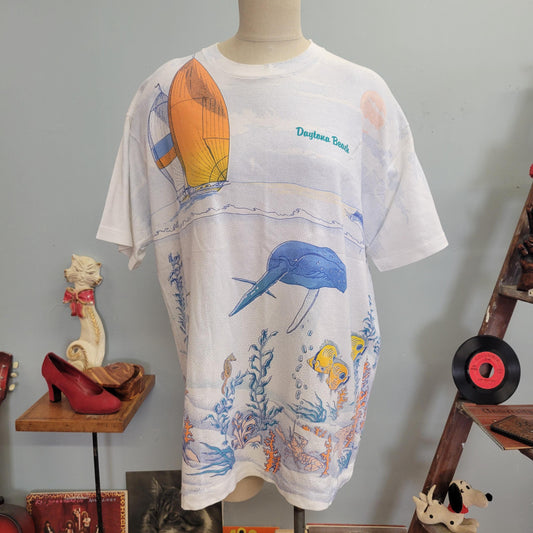 vtg 80s DAYTONA BEACH TSHIRT // vintage florida xl unisex nature art fish all over print ocean theme sea life beach vacation long oversized