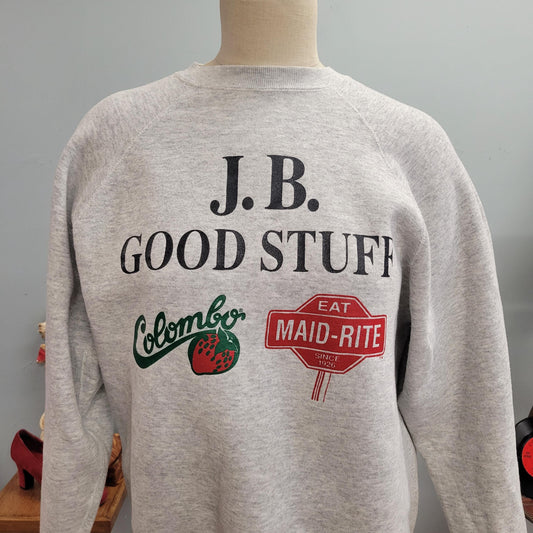 vtg 80s JB GOOD STUFF Sweatshirt // vintage discus large grey strawberry maid rite colombo yogurt oversized health food co op autumn style