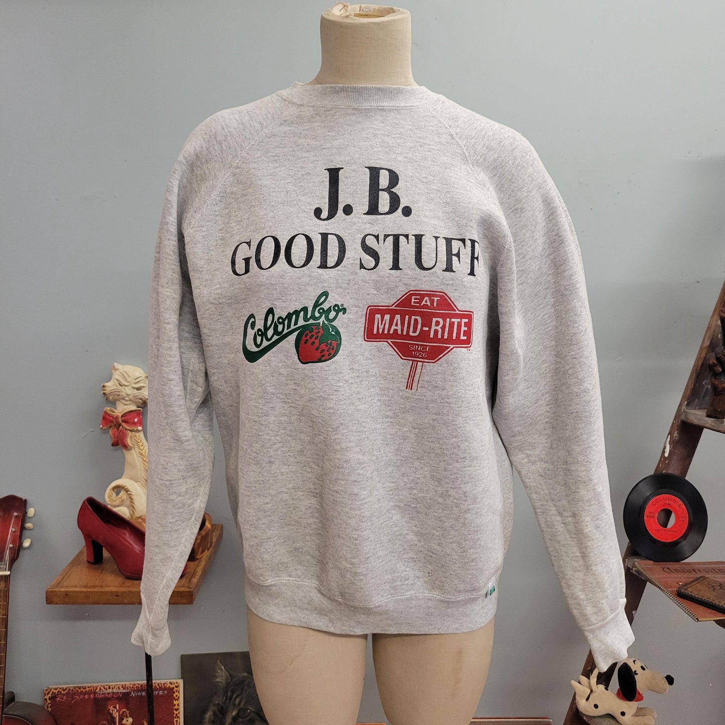 vtg 80s JB GOOD STUFF Sweatshirt // vintage discus large grey strawberry maid rite colombo yogurt oversized health food co op autumn style