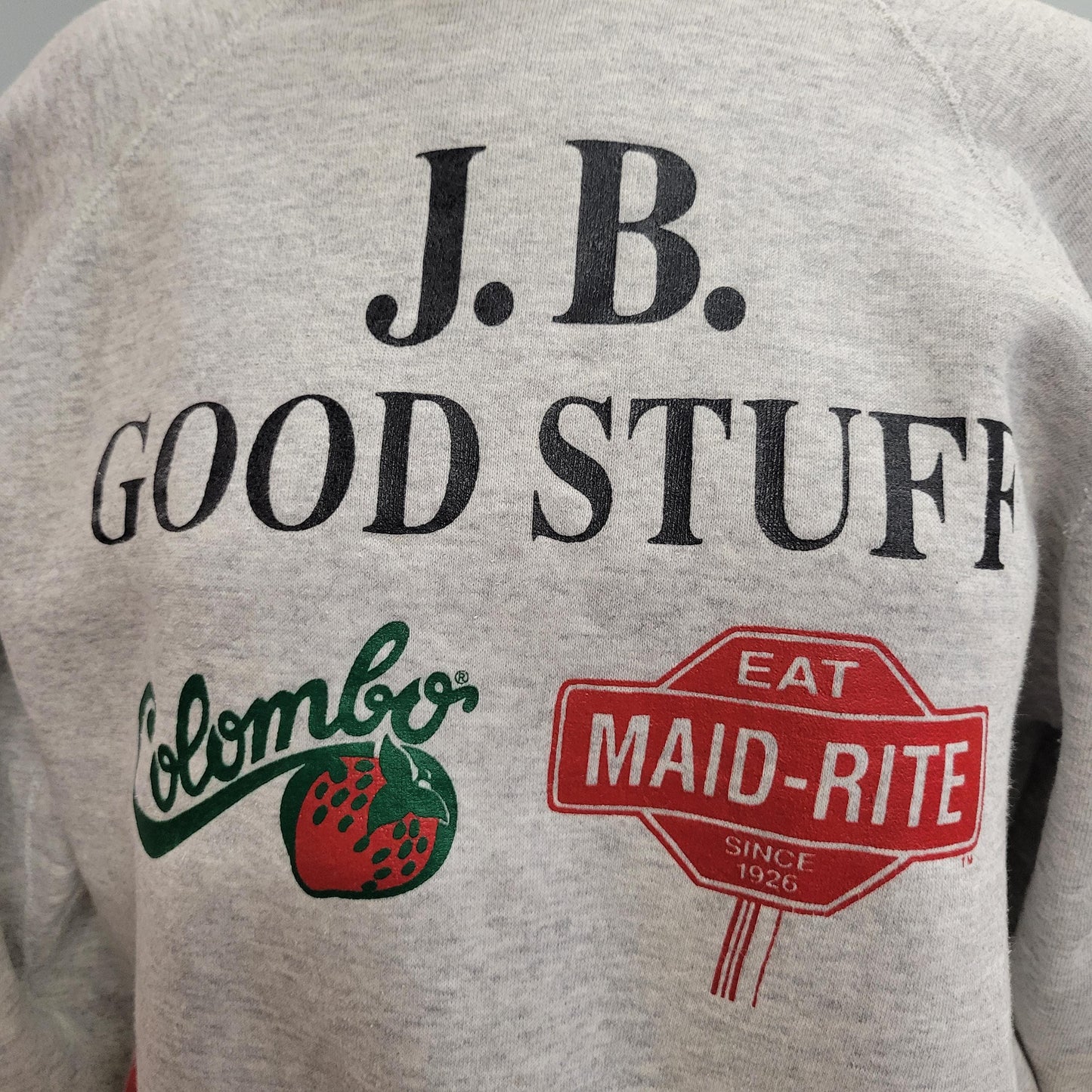 vtg 80s JB GOOD STUFF Sweatshirt // vintage discus large grey strawberry maid rite colombo yogurt oversized health food co op autumn style
