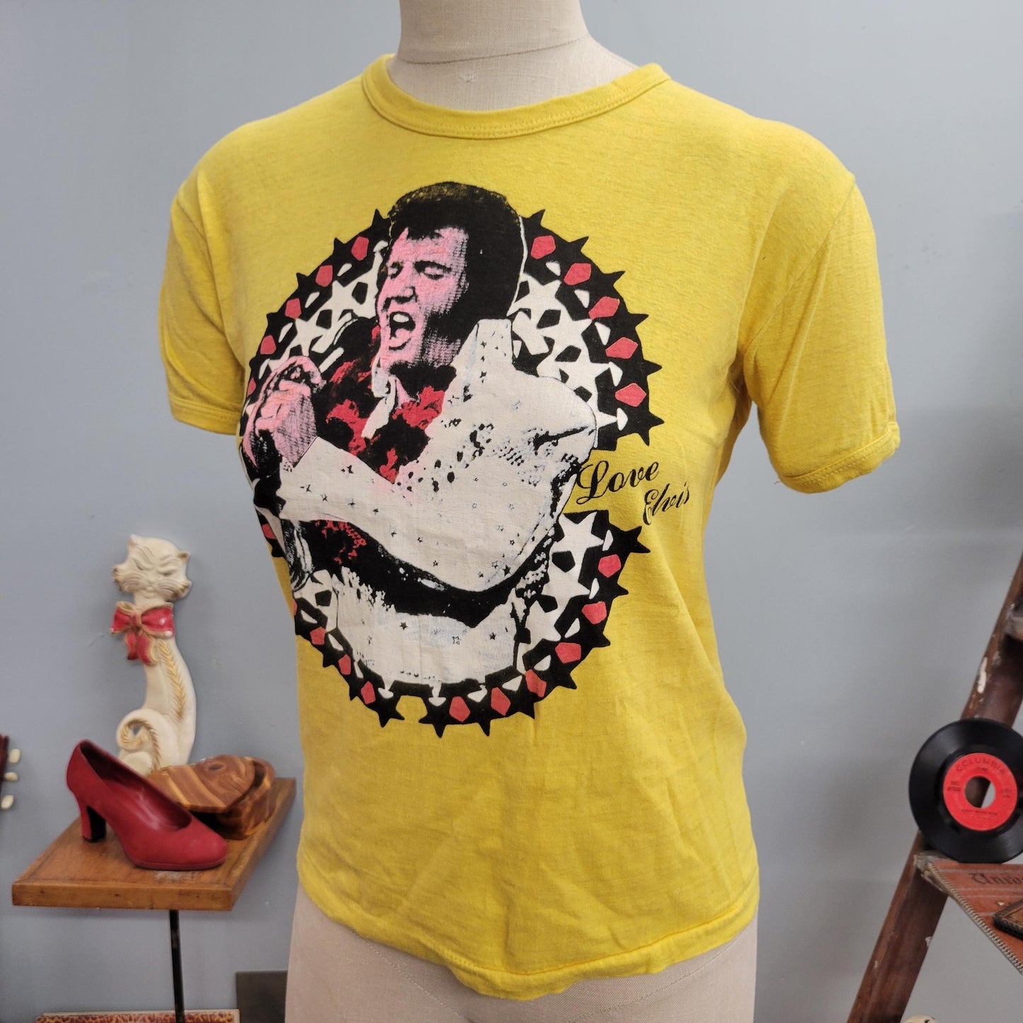 vtg 70s LOVE ELVIS T-SHIRT // vintage retro paper thin yellow tee 80s lounge singer elvis presley idol big print graphic tee retro fashion