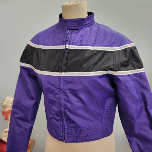 vtg 70s PURPLE BIKER JACKET // vintage racer usa biker design size small womens color block cropped nylon autumn mini jacket mod moto sporty