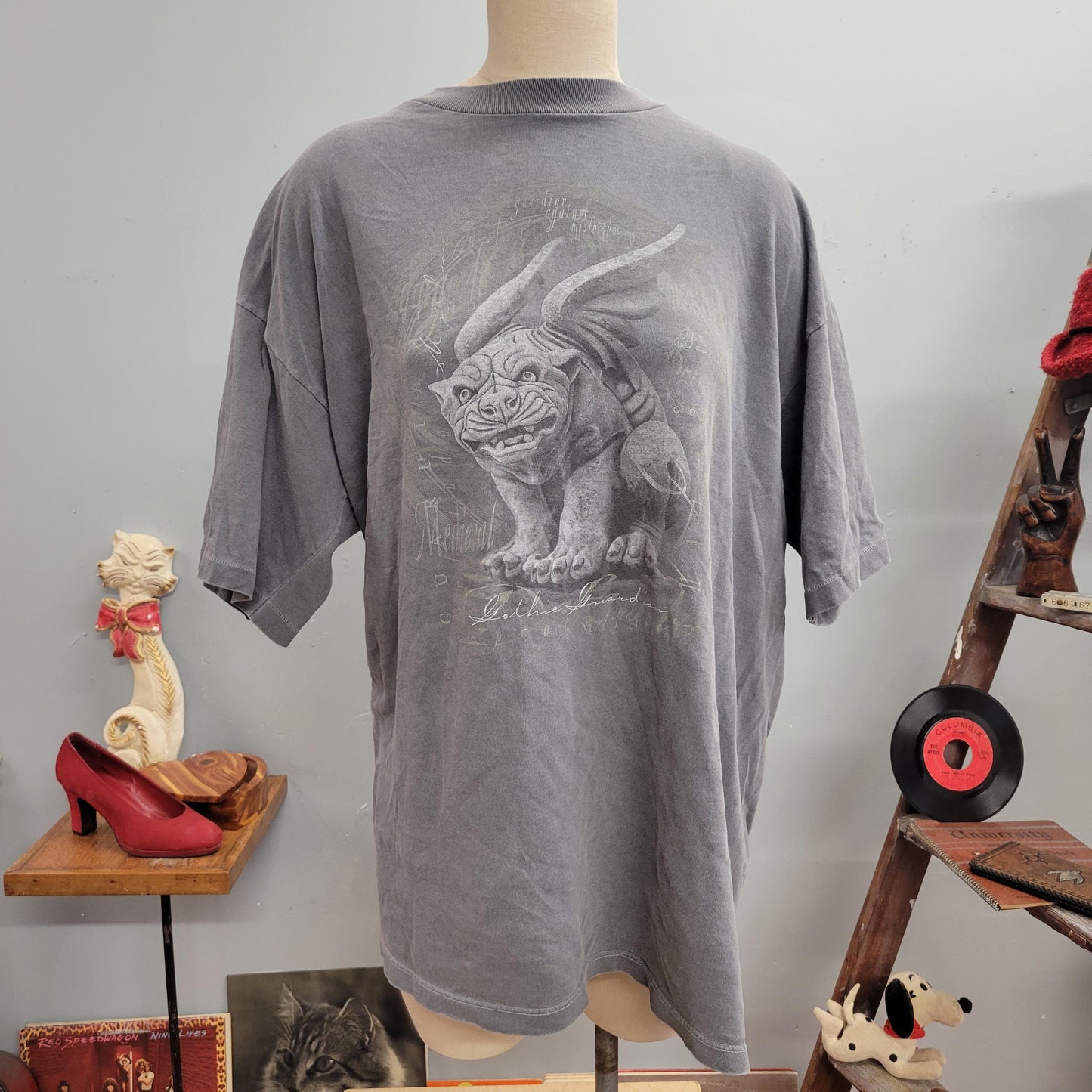 vtg 90s GOTHIC GAURDIANS SHIRT // vintage gargoyles oversized xl soft goods united design usa xl grey all over print graveyard soft thin top
