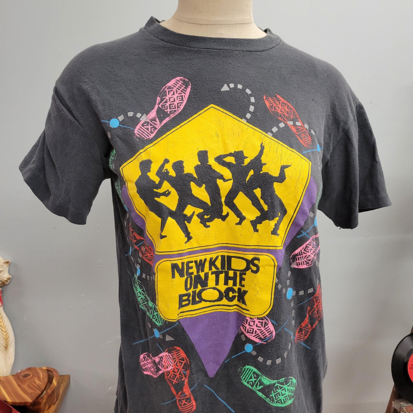 vtg 80s NEW KIDS on the BLOCK band tee // vintage pop music black shirt large single stitch hanes all cotton all over print paper thin retro