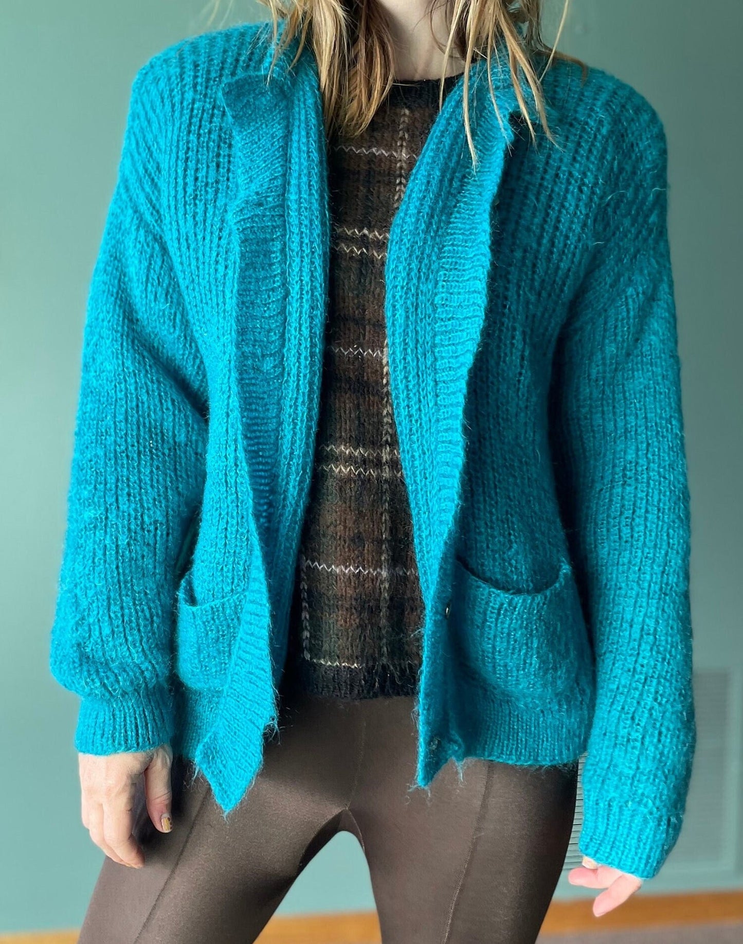 vtg 80s FUZZY TEAL CARDIGAN // vintage ribbed blue button up sweater womens medium shaggy bright funky casual cozy autumn style fashion top