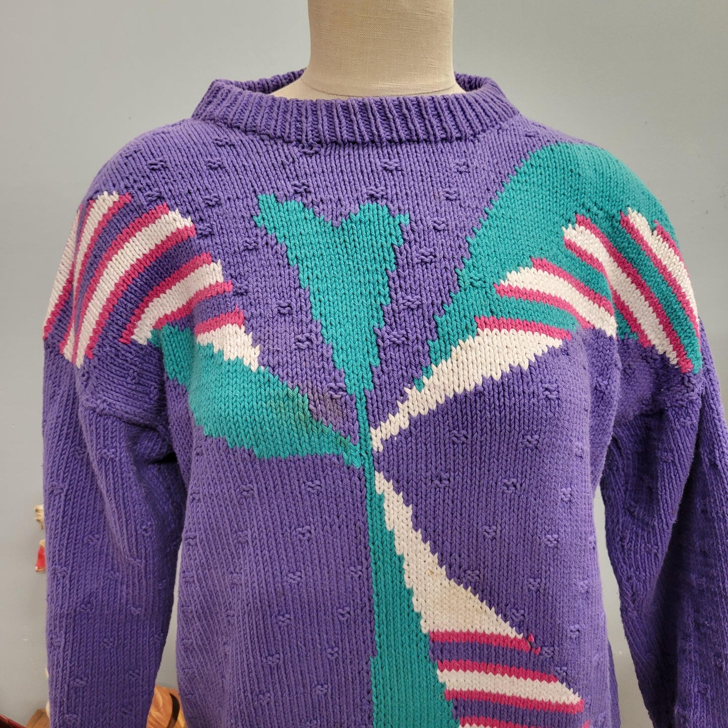 vtg 80s PATTERNED KNIT SWEATER // vintage funky cute medium womens pastel lavender abstract print chunky cozy autumn slouchy casual ribbed
