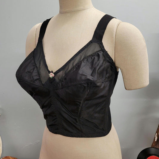 vtg 70s BLACK CORSET BRA // vintage promise by poirette size 42 semi sheer cotton shape wear sexy crop top Madonna bullet bra black lingerie
