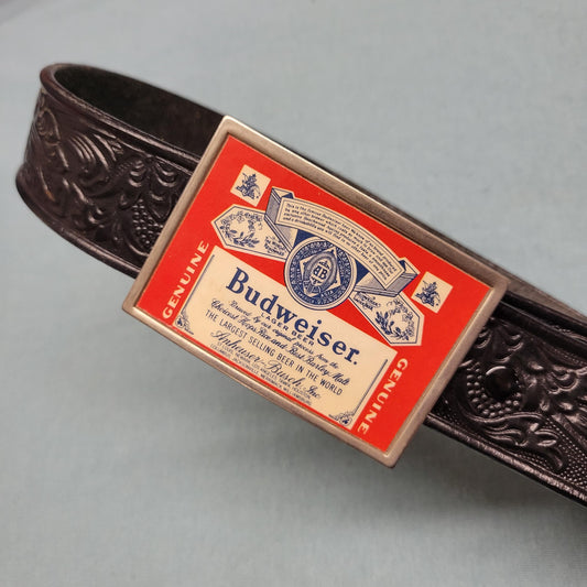 edit vtg 70s BUDWEISER LEATHER BELT / vintage genuine leather size 32 rectangle buckle and hand tooled leather belt rare hippie biker rugged