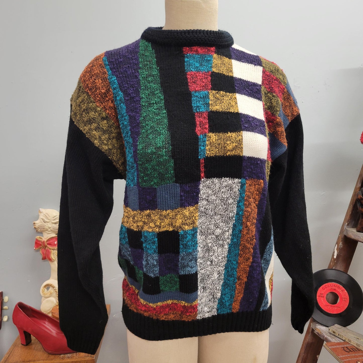 vtg 80s FUNKY KNIT SWEATER // vintage urban bandit large ribbed patchwork geometric pattern mock neck textured autumn style retro fashion