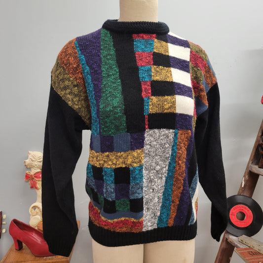 vtg 80s FUNKY KNIT SWEATER // vintage urban bandit large ribbed patchwork geometric pattern mock neck textured autumn style retro fashion