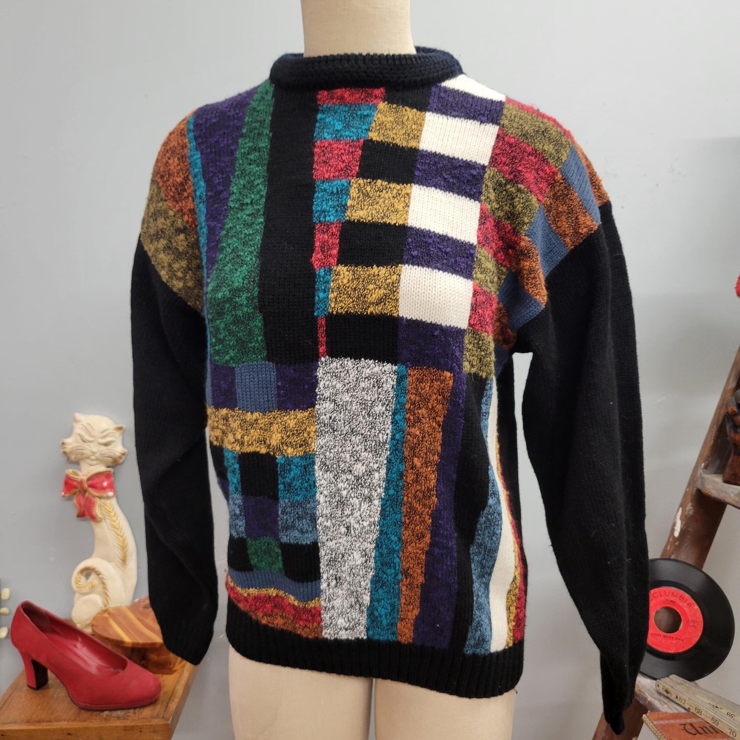 vtg 80s FUNKY KNIT SWEATER // vintage urban bandit large ribbed patchwork geometric pattern mock neck textured autumn style retro fashion