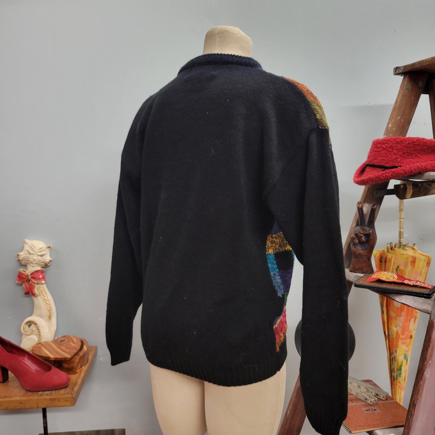 vtg 80s FUNKY KNIT SWEATER // vintage urban bandit large ribbed patchwork geometric pattern mock neck textured autumn style retro fashion