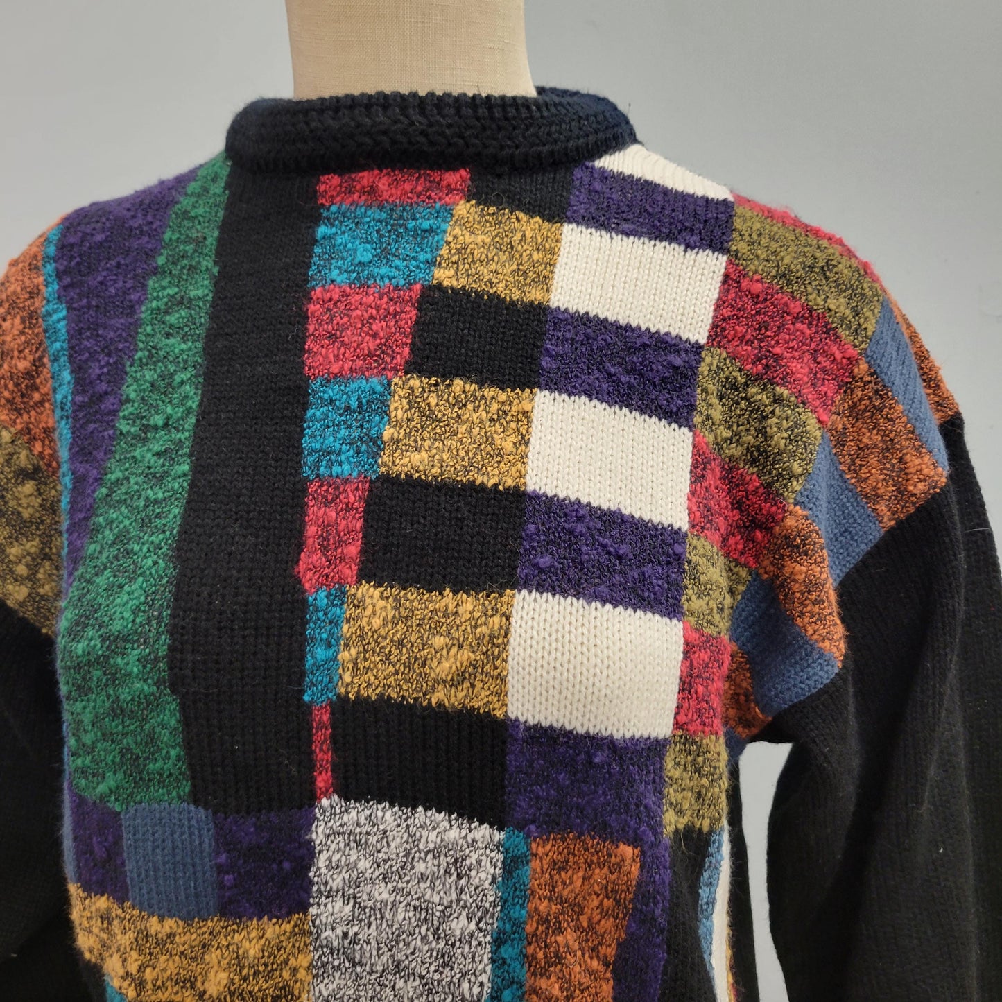 vtg 80s FUNKY KNIT SWEATER // vintage urban bandit large ribbed patchwork geometric pattern mock neck textured autumn style retro fashion