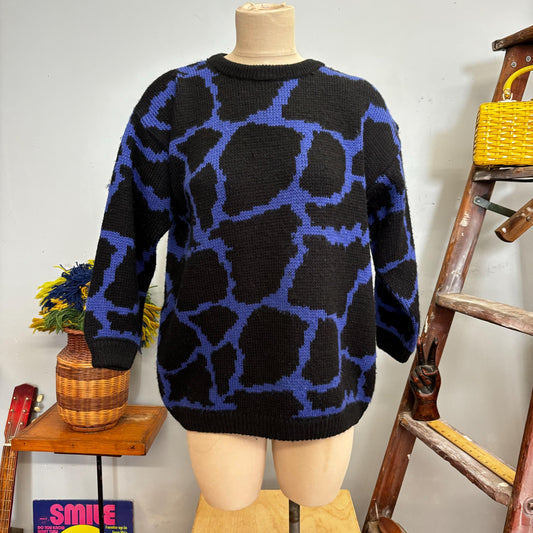 vtg 80s ESPRIT ABSTRACT SWEATER // vintage small oversized womens  jaguar animal print abstract long slouchy purple black wool acrylic fall