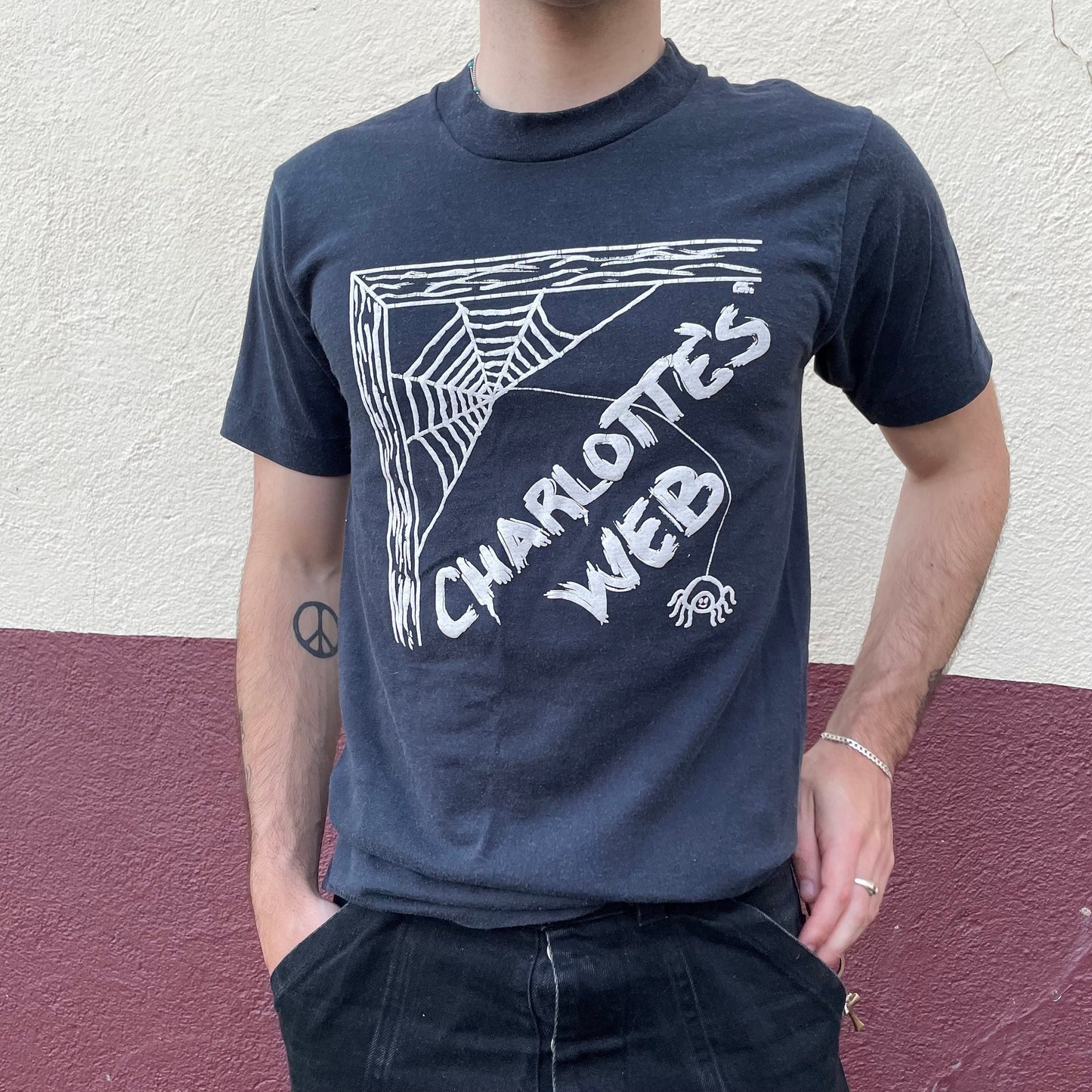 vtg 80s CHARLOTTES WEB SHIRT // vintage screen stars small black t shirt spider web movie  book worm soft goth nostalgia tattoo graphic tee