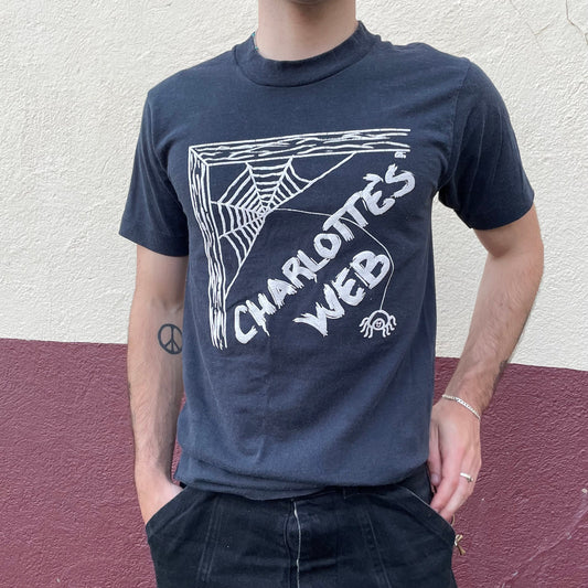 vtg 80s CHARLOTTES WEB SHIRT // vintage screen stars small black t shirt spider web movie  book worm soft goth nostalgia tattoo graphic tee