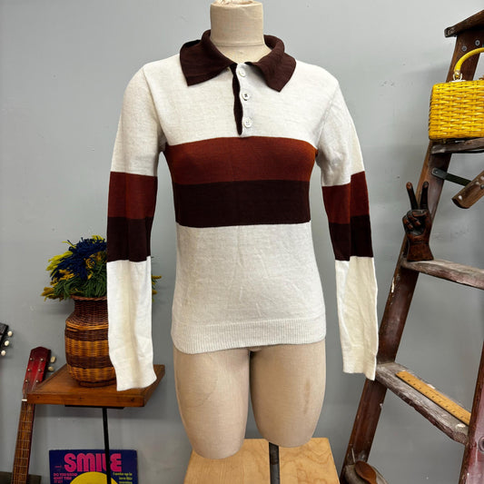 vtg 70s RETRO COLORWAY KNIT Top // vintage medium color block pointy collar that 70s show style saturday night fever movie star kelso stripe