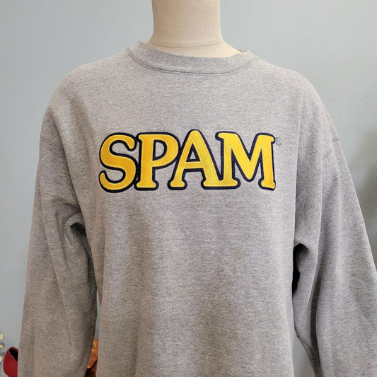 vtg 90s SPAM CREWNECK SWEATSHIRT // vintage fruit of the loom large oversized yellow embroidered applique canned meat gray baggy casual top