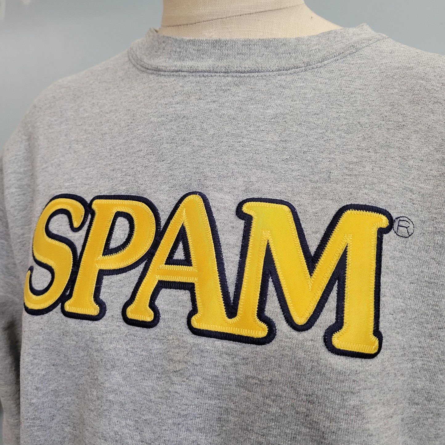 vtg 90s SPAM CREWNECK SWEATSHIRT // vintage fruit of the loom large oversized yellow embroidered applique canned meat gray baggy casual top