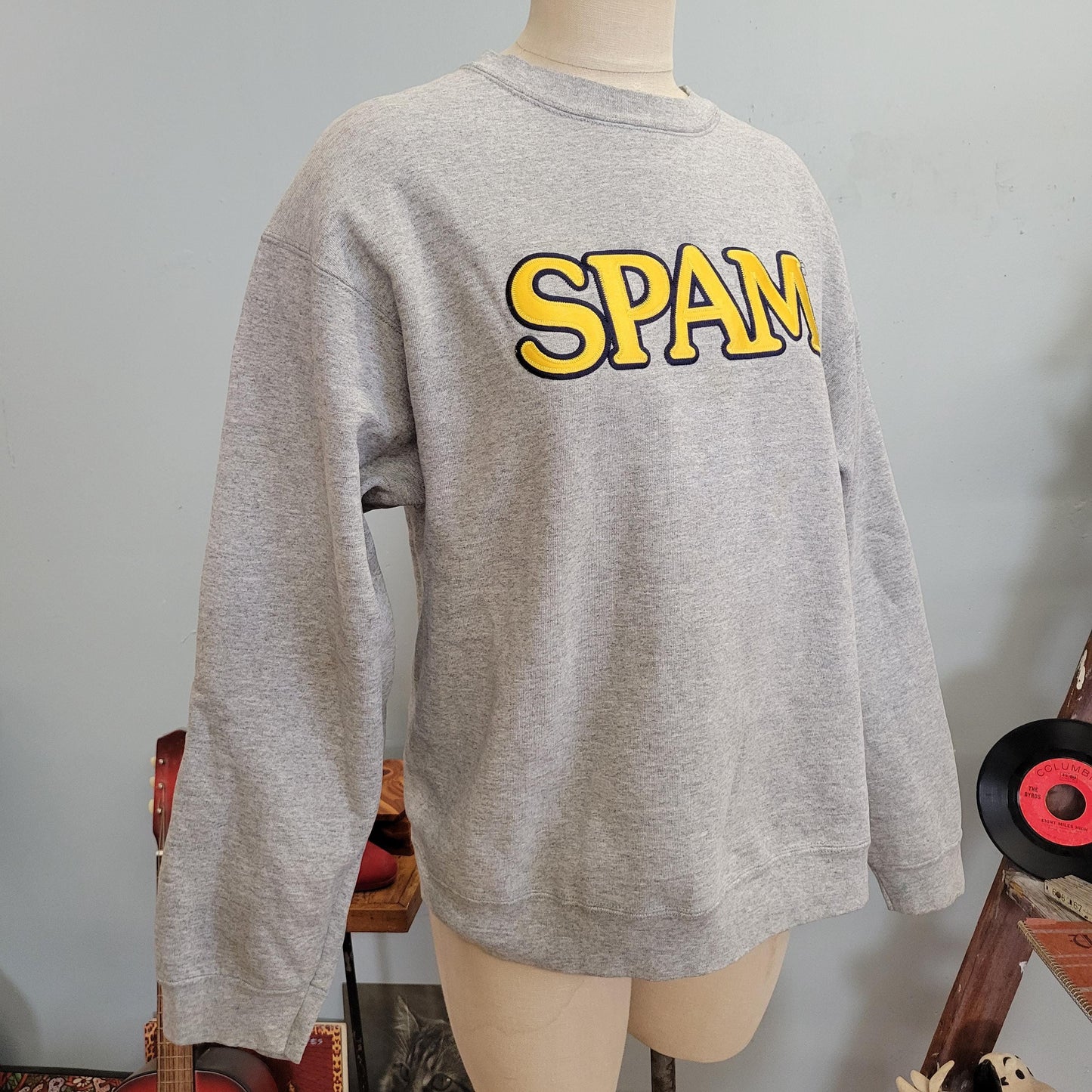 vtg 90s SPAM CREWNECK SWEATSHIRT // vintage fruit of the loom large oversized yellow embroidered applique canned meat gray baggy casual top
