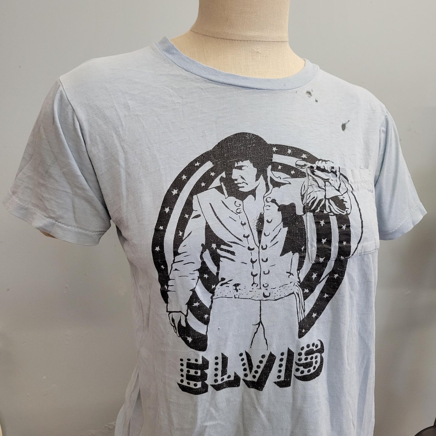 vtg 70s DISTRESSED ELVIS TSHIRT // vintage paper thin blue pocket tee medium holes faded soft worn retro rock n roll memphis graceland