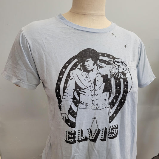 vtg 70s DISTRESSED ELVIS TSHIRT // vintage paper thin blue pocket tee medium holes faded soft worn retro rock n roll memphis graceland