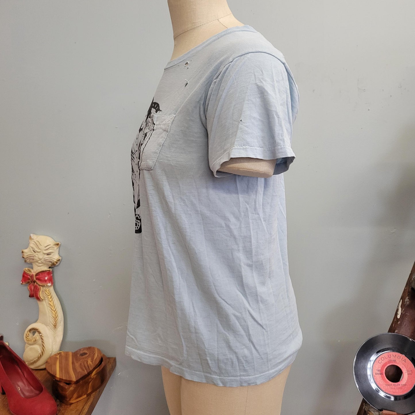 vtg 70s DISTRESSED ELVIS TSHIRT // vintage paper thin blue pocket tee medium holes faded soft worn retro rock n roll memphis graceland