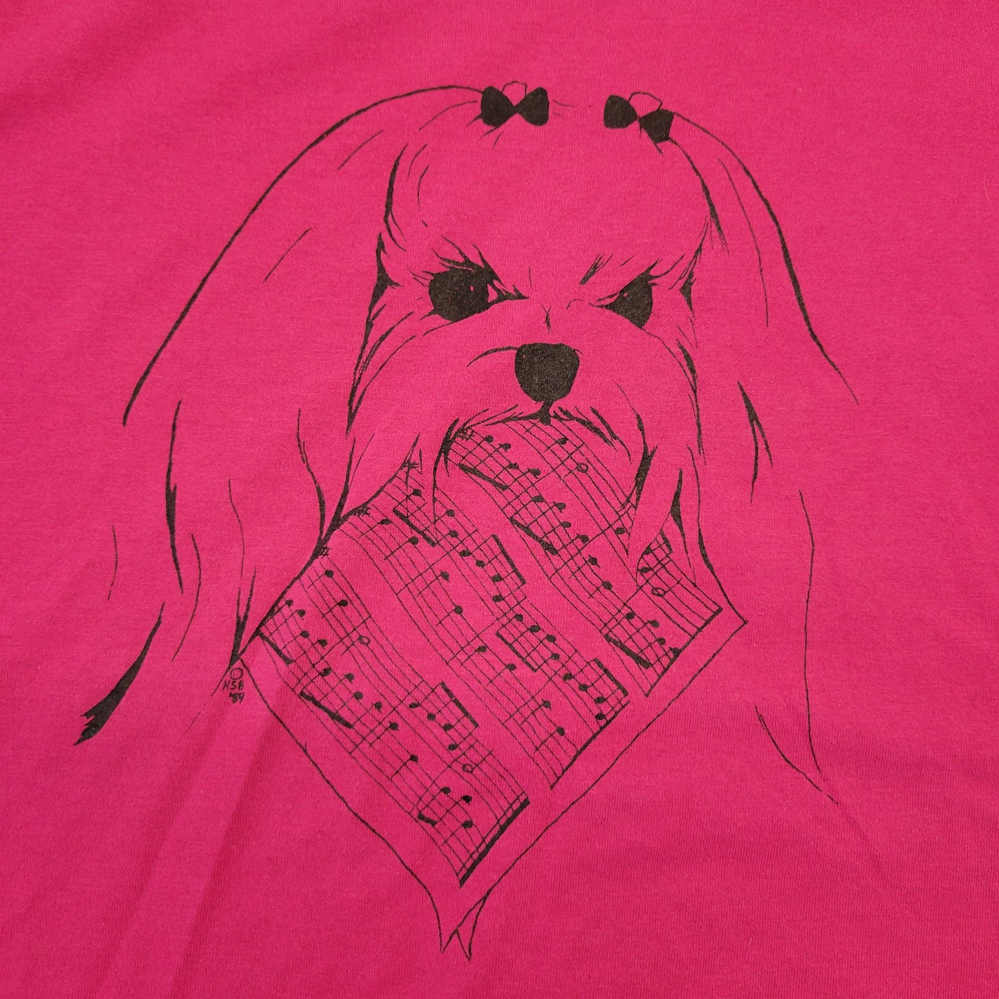 vtg 80s MUSICAL DOG TSHIRT // vintage screen stars large cute random dog eating sheet music piano teacher gift shih tzu lhasa apso dog mom