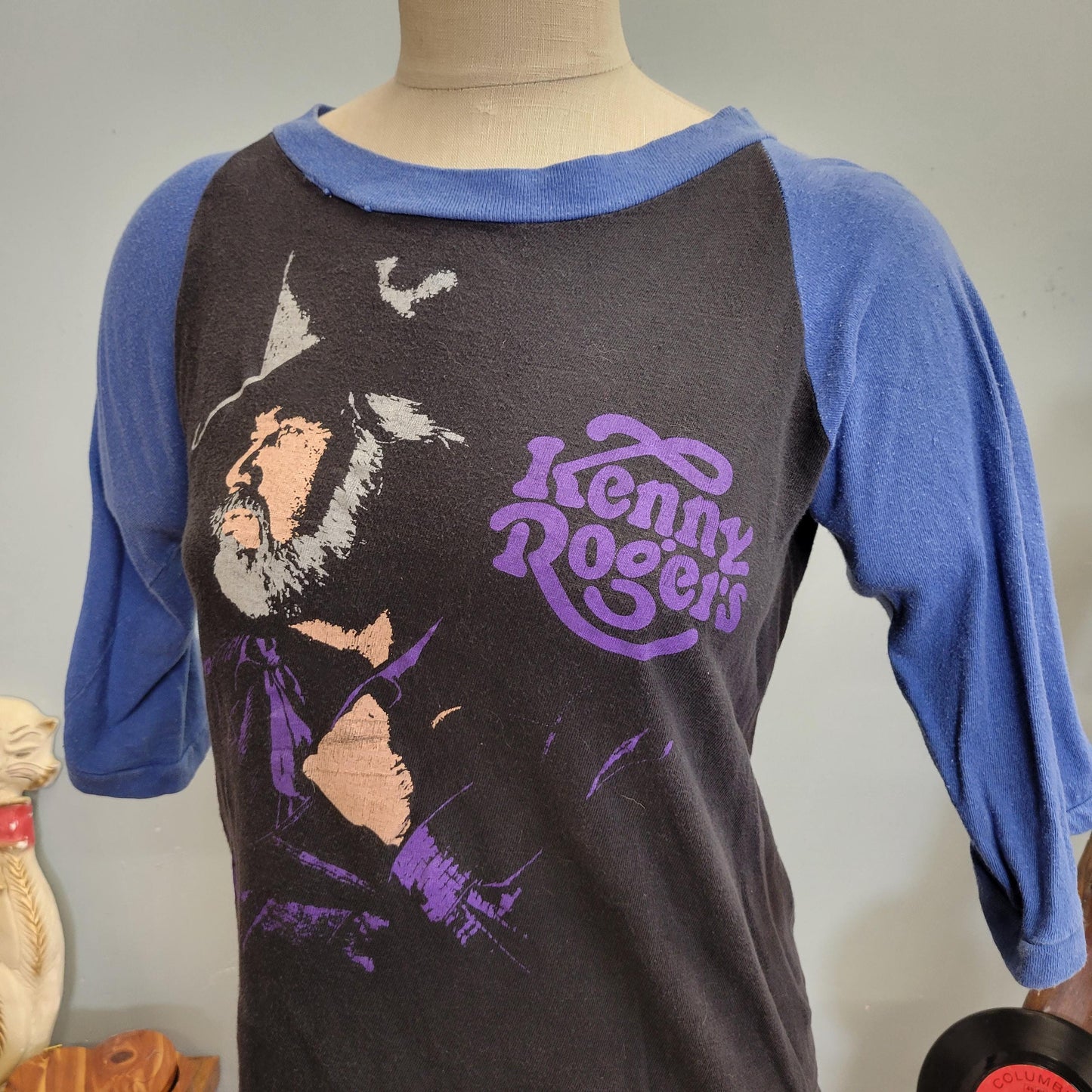 vtg 80s KENNY ROGERS RAGLAN / vintage two tone band tee country western singer purple indigo blue sleeves medium retro rock n roll big print