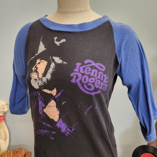 vtg 80s KENNY ROGERS RAGLAN / vintage two tone band tee country western singer purple indigo blue sleeves medium retro rock n roll big print