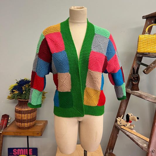 vtg 70s PATCHWORK RAINBOW CARDIGAN // vintage knit geometric pastel granny squares afghan sweater mod hippie retro autumn winter fashion top