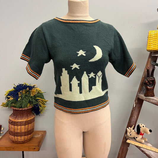 vtg 70s CITY CEMETERY TOP // vintage mister Noah large sweater vest graveyard striped cropped knit top retro celestial star pattern autumn