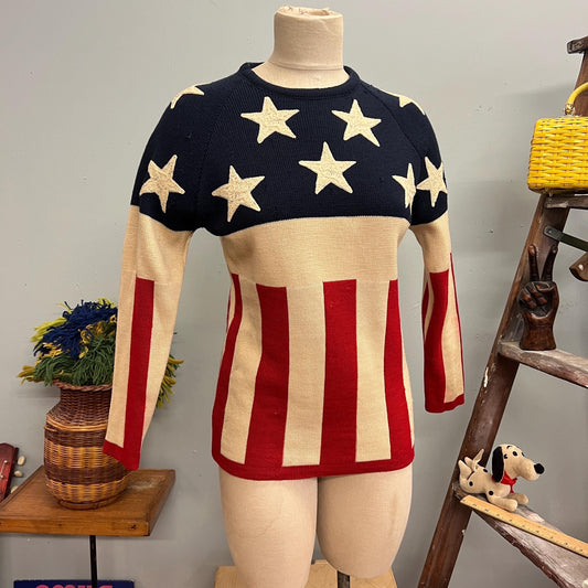 vtg 70s AMERICAN FLAG SWEATER // vintage lido of California small retro vote americana folk pop art bicentennial american woman stars stripe